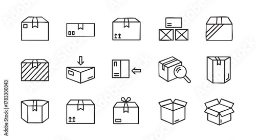 Package box line icon set for delivery and storage concepts