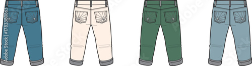 Collection of flat vector illustrations of various colorful denim jeans with back pockets and cuffs folded up