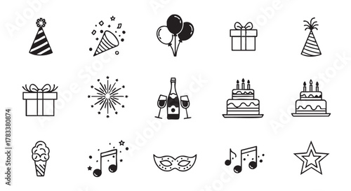 Party doodle icons including birthday hat gift box and musical note