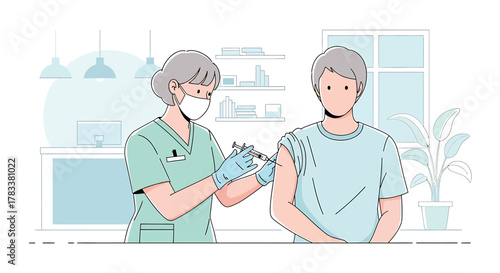 A nurse in medical attire administers a vaccine injection to a patient's arm in a clinic setting.