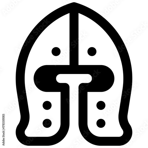Barbute helmet. Outlined stroke vector icon with black-filled details.