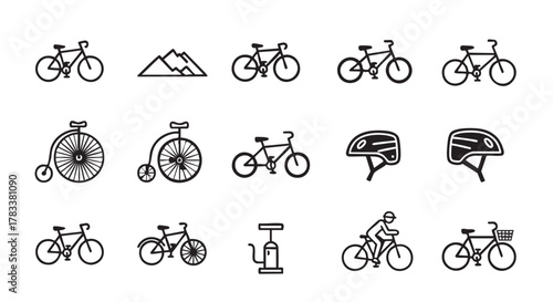 Seamless pattern of bicycle and mountain icons in black and white