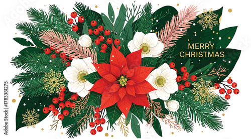 Festive christmas floral arrangement featuring a vibrant red poinsettia, white anemones, holly berries, and evergreen branches