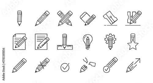 Set of pencil icons representing writing editing and drawing tasks