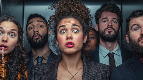 A diverse group of six individuals look shocked in a cramped elevator, showcasing varied expressions and styles.