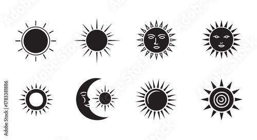Set of varied sun and moon icons in black and white