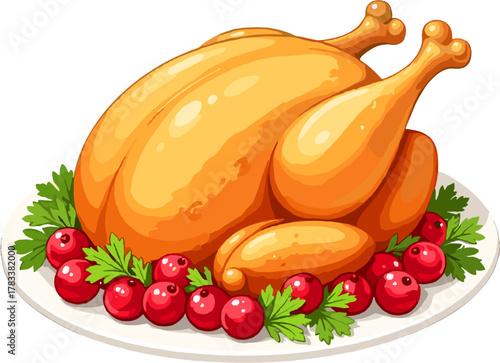 Delicious roasted Thanksgiving turkey served on a platter with cranberries and greens, representing warm family gatherings, festive traditions and holiday abundance