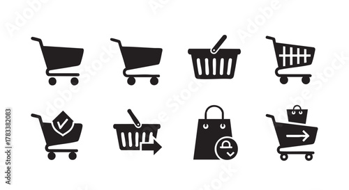 Shopping cart icon collection representing online retail and secure transactions