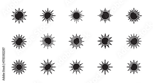 Six sun icons in a seamless repeating pattern for design projects