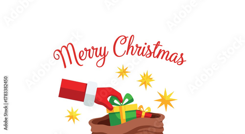 Merry christmas greeting with santa s hand placing gifts into a sack surrounded by festive stars