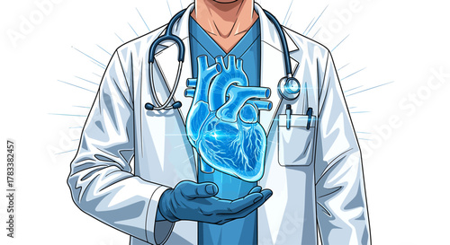 A doctor in a white coat and blue scrubs holds a glowing blue anatomical heart in their gloved hand.