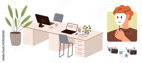 Office desk setup with laptops, gadgets, and plants. Person holding a mask representing concealed identity. Ideal for technology, identity, workspace, security anonymity remote work simplicity. A