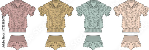 Four-Color Knit Top and Panty Set Illustration in Pastel Shades for Fashion Design