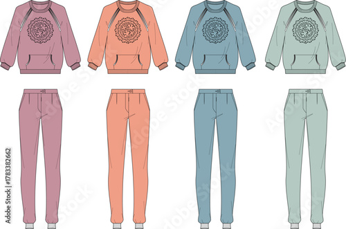 A vector collection of women's tracksuit sets in four pastel colors. Fashion flat sketch template featuring a hoodie and joggers for apparel design