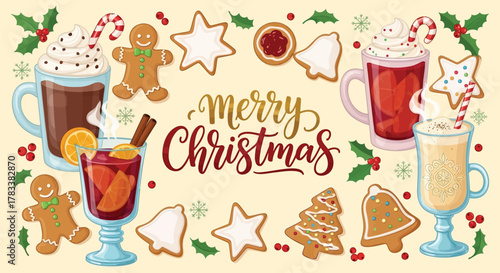 Festive merry christmas illustration featuring hot drinks gingerbread cookies candy canes and holly decorations on a light background