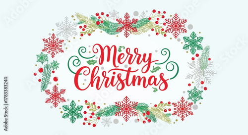 Elegant merry christmas greeting with festive red and green snowflakes pine branches and berries forming an oval border