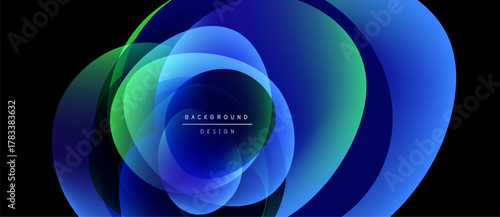 Abstract flowing shapes, vibrant blues, greens create dynamic background. Text reads background design centered within layers.