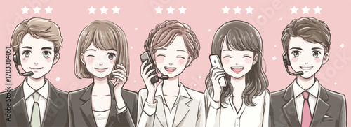 Wektorowa ilustracja uśmiechniętego zespołu obsługi klienta z zestawami słuchawkowymi i telefonami na różowym tle.