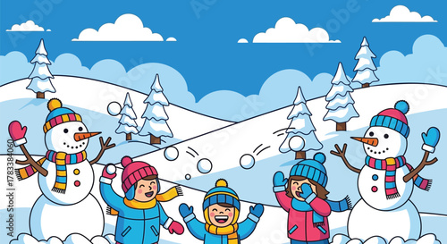Joyful children and snowmen having a snowball fight in a snowy winter landscape with pine trees and blue sky