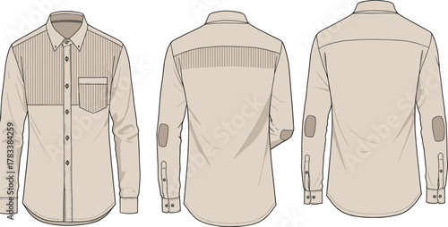 Beige long sleeve shirt, button-up design, pinstripe detail, elbow patch, front and back view, fashion sketch, garment illustration