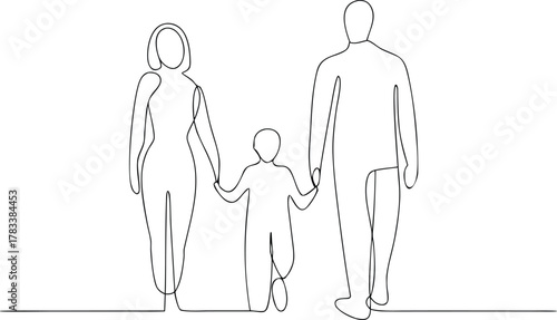 Family holding hands continuous line drawing parents