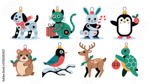 Festive Ornaments of Animals: A vibrant illustration showcasing an adorable ensemble of animal ornaments, ready to bring cheer and charm to holiday decorations, embodying the spirit of the season.