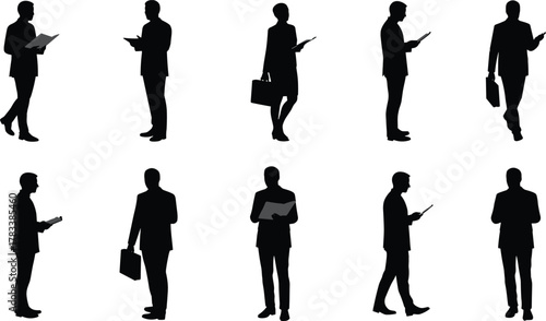 Business people silhouette, corporate team vector, professional poses, office workers standing, business attire illustration, workplace diversity, leadership concept, tablet briefcase