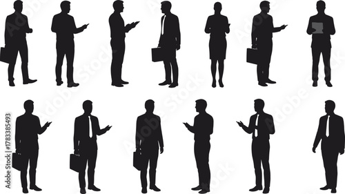 Business people silhouette, corporate team, professional attire, office workers, formal dress, business meeting, teamwork, communication, leadership, mobile device, interaction