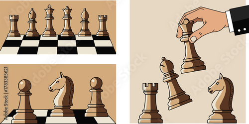 Chess pieces on board, strategic gameplay moment, dramatic checkmate scene, black and brown chess set, classic game, competition, intelligence, focus