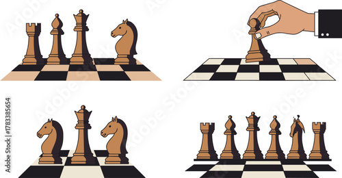 Chess pieces on board, strategic gameplay, pawn move, knight queen rook bishop, classic setup, tactical scene, chess concept, competition