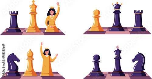 Chess queen illustration, cartoon chessboard scene, gold and black pieces, strategic concept art, stylized character, creative game design, royalty symbolism