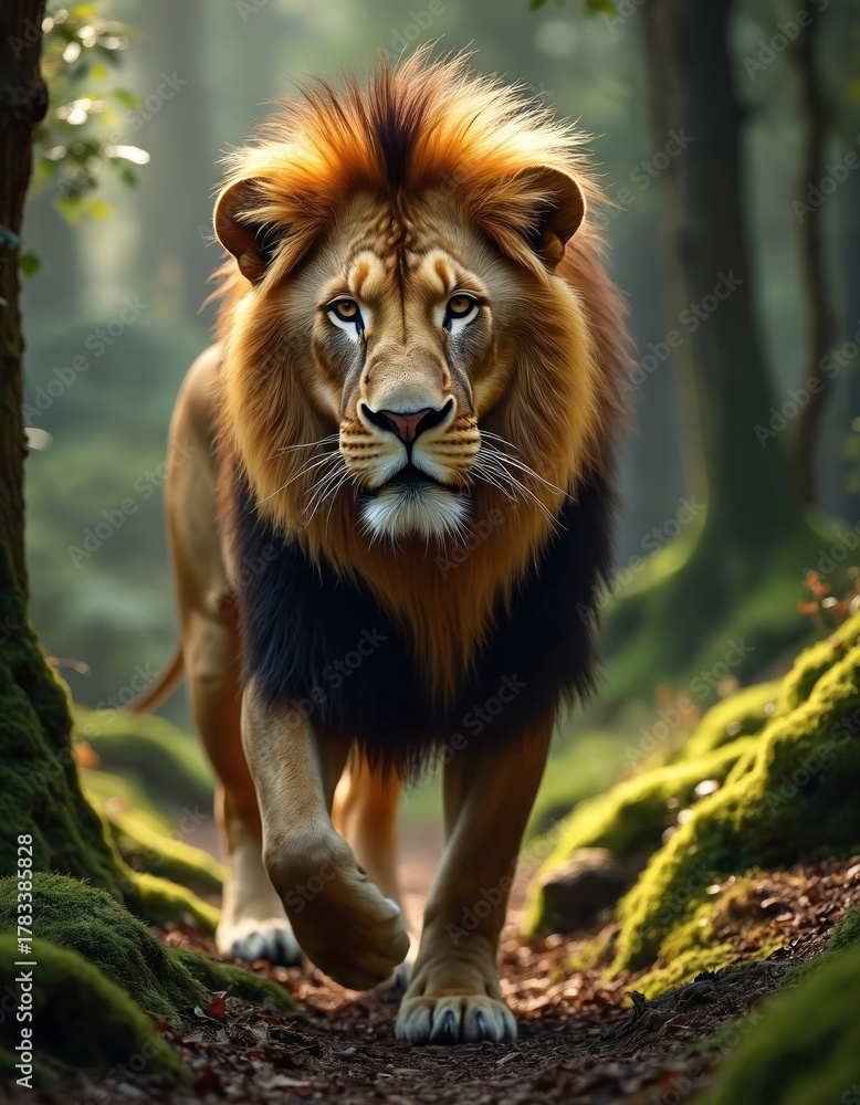 Fototapeta premium Powerful lion portrait in forest. Wild feline walks on trail. Majestic animal in nature. King of beasts. Predator with strong gaze. Safari wildlife photo for zoo magazine