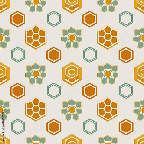 Seamless geometric vector pattern featuring stylized honeycombs and floral hexagon shapes in teal, orange, and white, with a retro bohemian aesthetic.