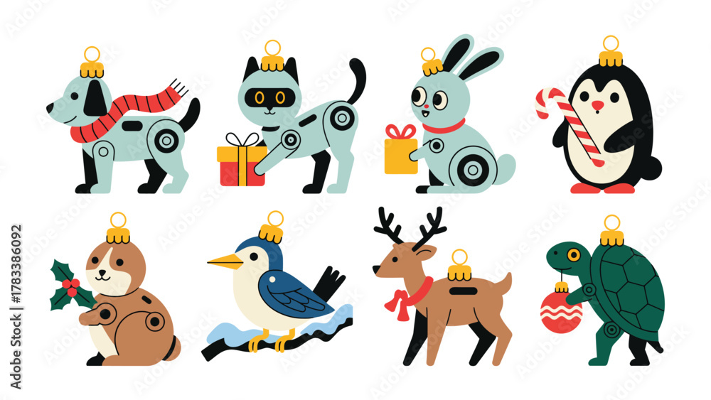 Obraz premium Festive Critter Ornaments: A charming array of Christmas ornaments, each portraying a delightful animal in a unique holiday design. Capturing the playful spirit of the festive season.