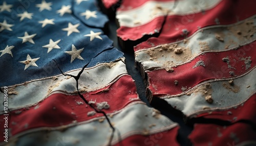 Cracked american flag symbolizes national division and political tension. A damaged US symbol reflects societal unrest and difficult challenges. Patriotism fractured, patriotism strife.