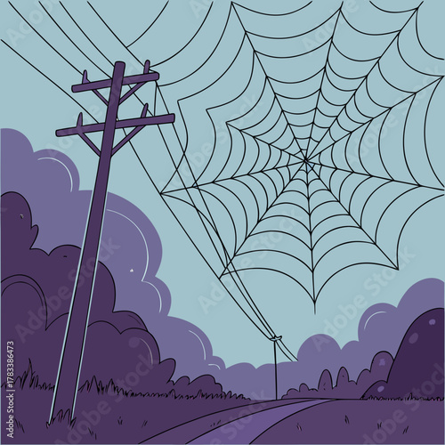 A surreal image of telephone wires forming a spider web across the sky.
