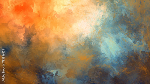 Abstract Orange and Blue Cloudy Texture with Warm Orange, Amber, and Cool Blue Tones. Fluid, Atmospheric Design with Dreamlike, Painterly Effect Reminiscent of Sky, Smoke, or Watercolor