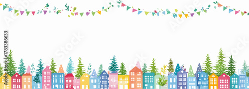 알록달록한 집들과 나무들 위로 펼쳐진 축제 분위기의 가랜드 장식