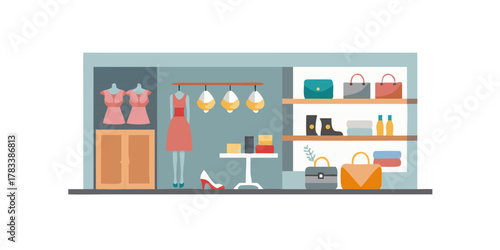 Women clothing and accessories luxury fashion store interior.