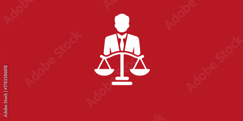 법률 전문가의 공정한 정의를 상징하는 저울과 남성 실루엣 벡터 아이콘