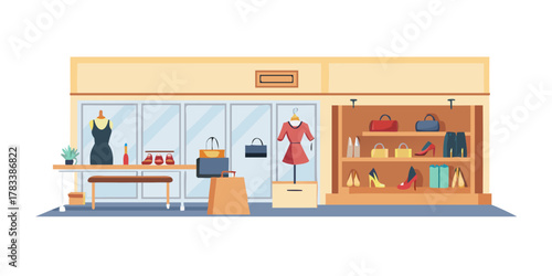 Women clothing and accessories luxury fashion store interior.