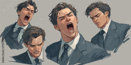 정장을 입은 젊은 남성의 다양한 표정과 감정을 표현한 일러스트레이션