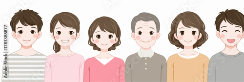 다양한 연령대의 행복한 가족 구성원들이 나란히 서서 미소 짓는 모습