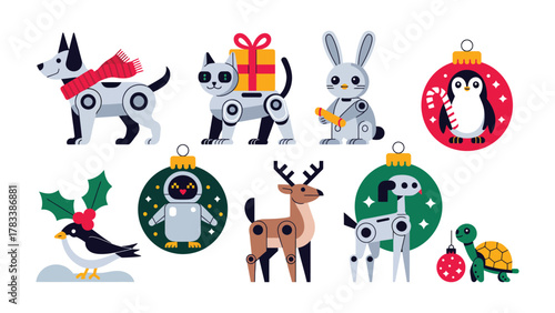Festive robot animal Christmas ornaments set: A charming assortment of robot animal ornaments bring holiday cheer and futuristic whimsy to the Christmas celebrations.