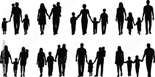 Family silhouettes illustration, parents with children, diverse family groups, holding hands, carrying kids, black silhouettes, white background, family unity, parenting concept,