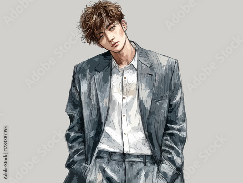 세련된 정장을 입은 젊은 남자의 감각적인 일러스트레이션