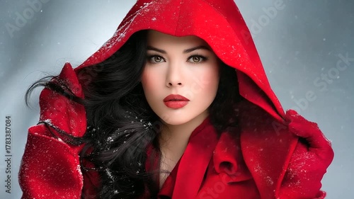 Portrait of woman in red coat under snow, cinematic melancholy, emotional isolation, color contrast.