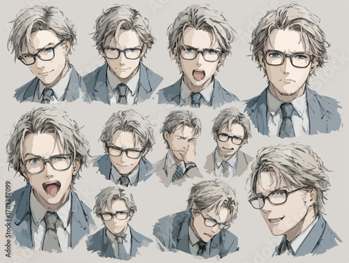 안경 쓴 남자의 다양한 표정과 감정을 담은 일러스트 벡터 이미지