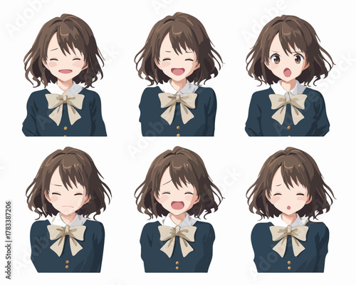 귀여운 애니메이션 스타일의 젊은 여학생 다양한 감정 표현 세트