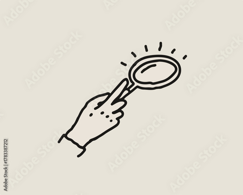 돋보기로 무언가를 자세히 살펴보는 손의 단순한 벡터 일러스트레이션